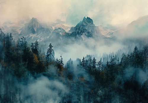 Paysage de montagne dans la brume matinale