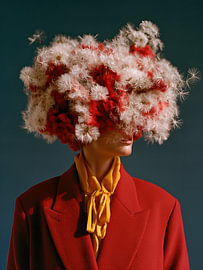 Crimson Blazer - Theatraal Couture Portret met Rood Witte Impasto Bloemenkroon