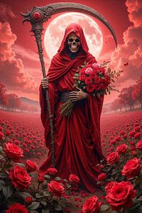 Dark Fantasy Wandbild: ROSAMORTIS - Grim Reaper mit roten Rosen auf dem Blumenfeld