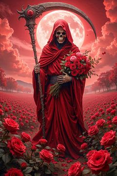 ROSAMORTIS - Grim Reaper with red roses in the flower field by INFERAURUM