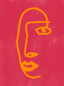Picasso portrait drawing in orange and pink.