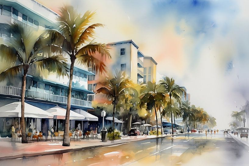 Aquarell Häuser in Miami von NJ Midnight Studio