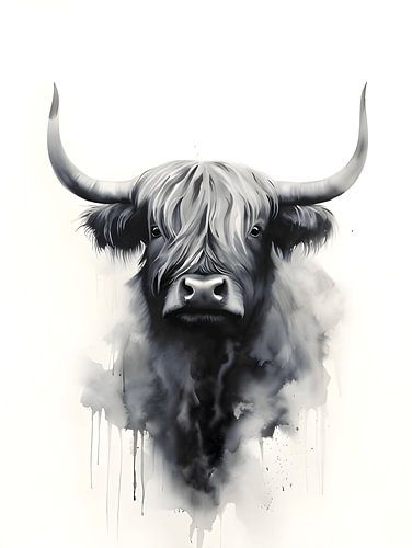 Close up van schotse hooglander zwart-wit waterverf