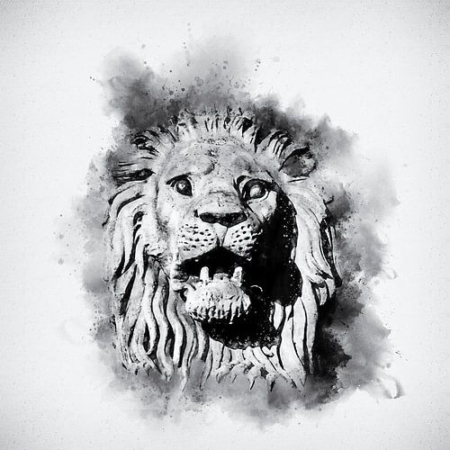 Lion Portrait Statue Chain Bridge Budapest Watercolor Black and White