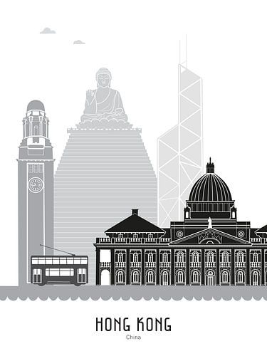 Skyline illustratie Hong Kong, China zwart-wit-grijs