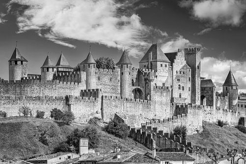 De stad Carcassonne in zwart en wit zonlicht