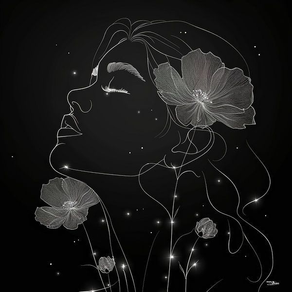 Strichzeichnung einer Frau mit einer Blume von Gelissen Artworks
