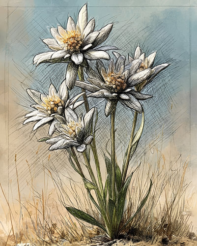 EDELWEISS KRASTEKENING MET POTLOOD - METALEN POSTER