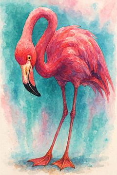 Tropischer hellrosa stehender Flamingo (AI) (exotisch, Vogel, Aquarell, Malerei, realistisch, Farbe) von Natalie Bruns