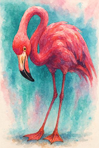 Tropische fel roze staande flamingo (AI) (exotisch, vogel, aquarel, schilderij, realistisch, verf, modern, stoer, eyecatcher, gewaagd) van Natalie Bruns