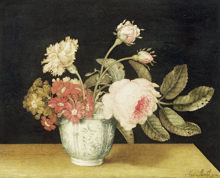 Alexander Marshal,Bloemen in een Delftse pot van finemasterpiece