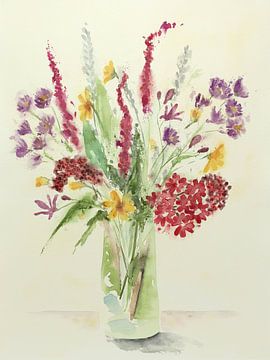 Vaas met bonte bloemen mix (wildboeket gemengde pastelkleuren vrolijk aquarel schilderij tuin natuur van Natalie Bruns