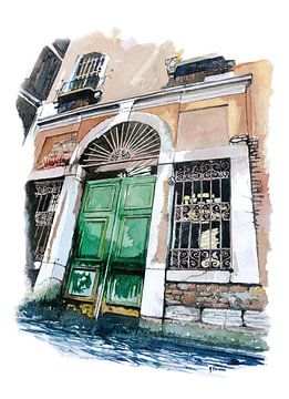 Oude deur in Venetië | Aquarel schilderij Handgeschilderd van WatercolorWall