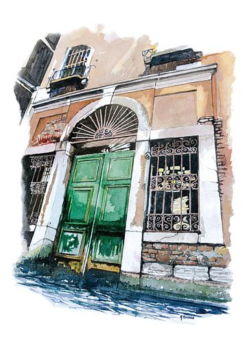 Porte d'eau verte à Venise | Aquarelle | Cadre blanc