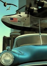 Retro – Klassiek Oldtimer-auto en vliegtuig met vrijheidsmeeuwen