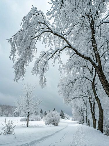 Eine ruhige Winterlandschaft mit frostbedeckten Bäumen und einem verschneiten Weg unter einem trüben Himmel