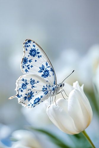 Delfts Blauwe Vlinder op Witte Tulp