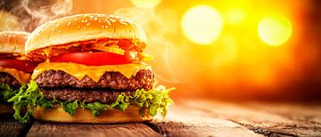 Sappige gelaagde hamburger met een retro-uitstraling van Poster Art Shop