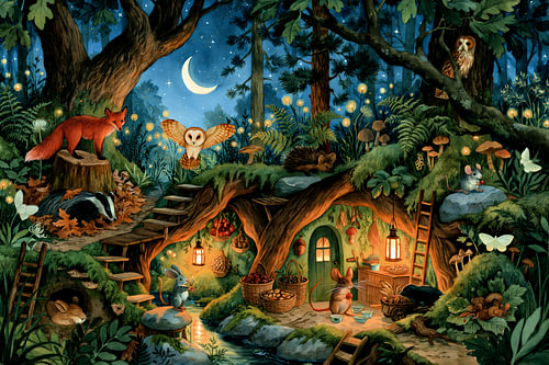 Woodland Friends – A moonlit night at the secret root house in the forest