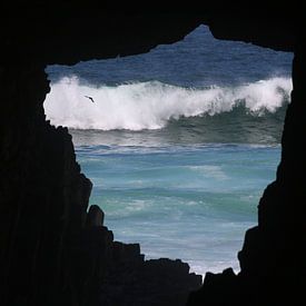 Breaking wave and flying bird, seen through a cave by Lau de Winter