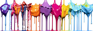 Bunte Acrylfarbe, die mit flüssigen Tropfen tropft, auf weißen Hintergrund Kunst Design