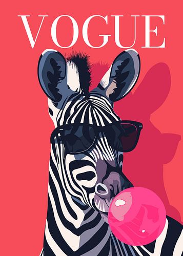Stylish wearing sunglasses blowing pink bubble gum vogue poster