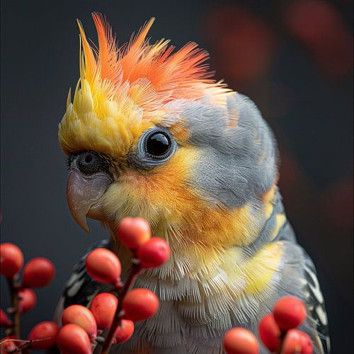 Close-up van een valkparkiet met een oranje kuif