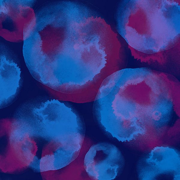 Neonkunst. Aquarel organische vormen in kobaltblauw en paars van Dina Dankers
