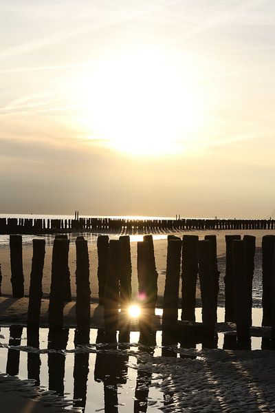 golfbrekers met ondergaande zon op het strand in zeeland by Frans Versteden