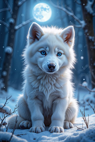 Fantasy Art Wandbild: EIRVAK - Ein kleiner Wolf nachts im Wald