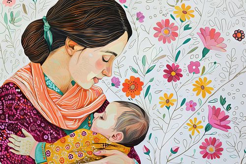 Digitaal abstract schilderachtig portret fictieve vrouw en kind