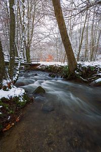 Ein kleiner Fluss, fotografiert im Winter in den belgischen Ardennen.