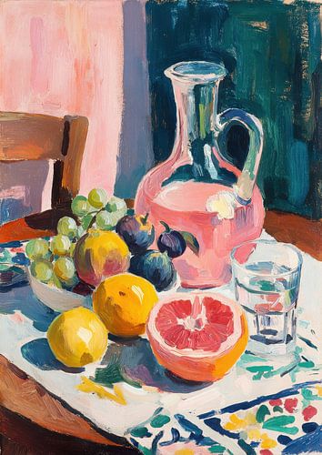 Stilleven met roze karaf en fruit