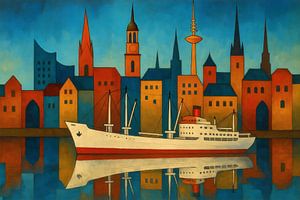 Ville portuaire colorée avec bateau