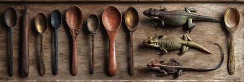 Vintage lepels en hagedissen op houten ondergrond panorama
