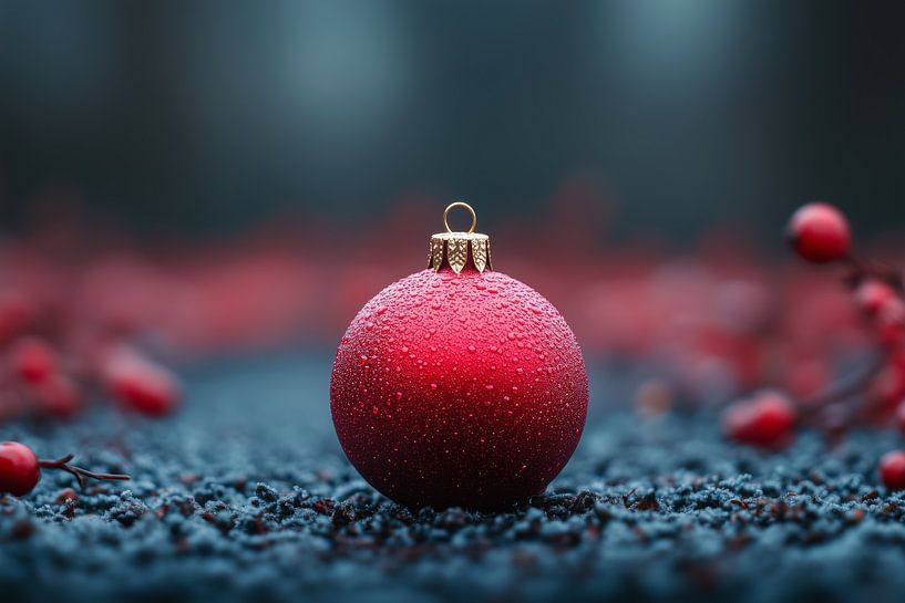 Winterse Elegantie - Rode Kerstbal in Mistige Sfeer van Eva Lee