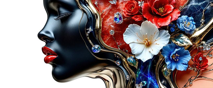 Dans la lumière du silence - visage noir d'une femme avec des branches dorées, du marbre et des fleurs d'hibiscus comme symbole de la beauté intérieure et de la force tranquille par AidasignArt