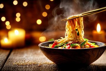 Steaming bowl of pasta by candlelight by Poster Art Shop