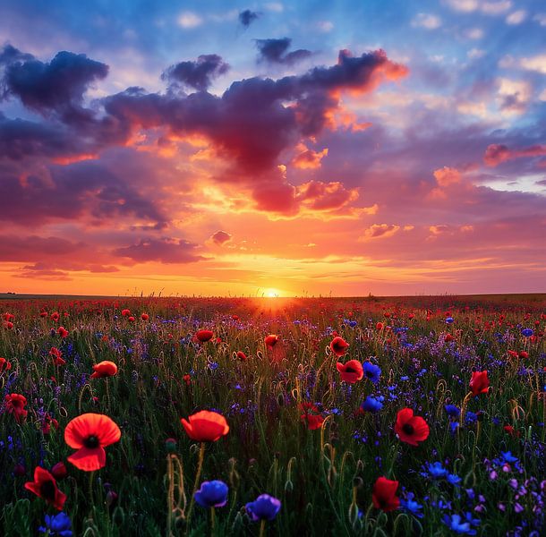 Blick über ein Feld mit Mohnblumen von fernlichtsicht
