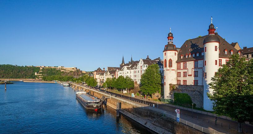 Fortress Ehrenbreitstein and Peter-Altmeier-Bank at the Mosel with old town in the evening light, Ko by Torsten Krüger