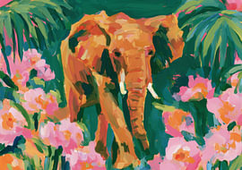 Elefant im Dschungel mit rosa Blüten von Niklas Maximilian