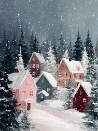 Schneefall über dem Winterdorf