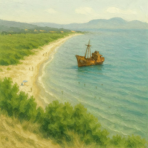 Scheepswrak Dimitrios bij Valtaki Beach (AI) (Griekenland, Peloponnesos, zomers, mediterraan, landschap, zonnig, vakantiegevoel, schilderij)