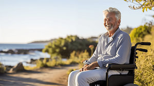Alter Mann im Rollstuhl am Meer