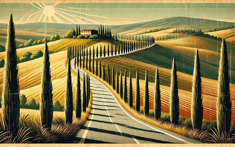 Affiche vintage de la route des cyprès par Chromatic Fusion Studio