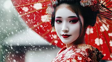 Jonge vrouw in een rode kimono van Frank Heinz