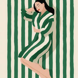 Vrouw op groene strepen – minimalistisch Japandi portret in zachte tinten van But First Framing