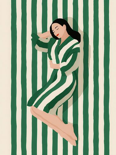 Femme sur des rayures vertes - portrait minimaliste du Japandi dans des tons doux