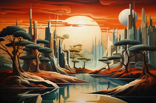 Bizarre surreal art deco landscape of an alien planet