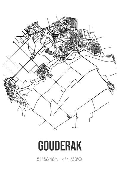 Gouderak (Zuid-Holland) | Landkaart | Zwart-wit van Stad & Wand